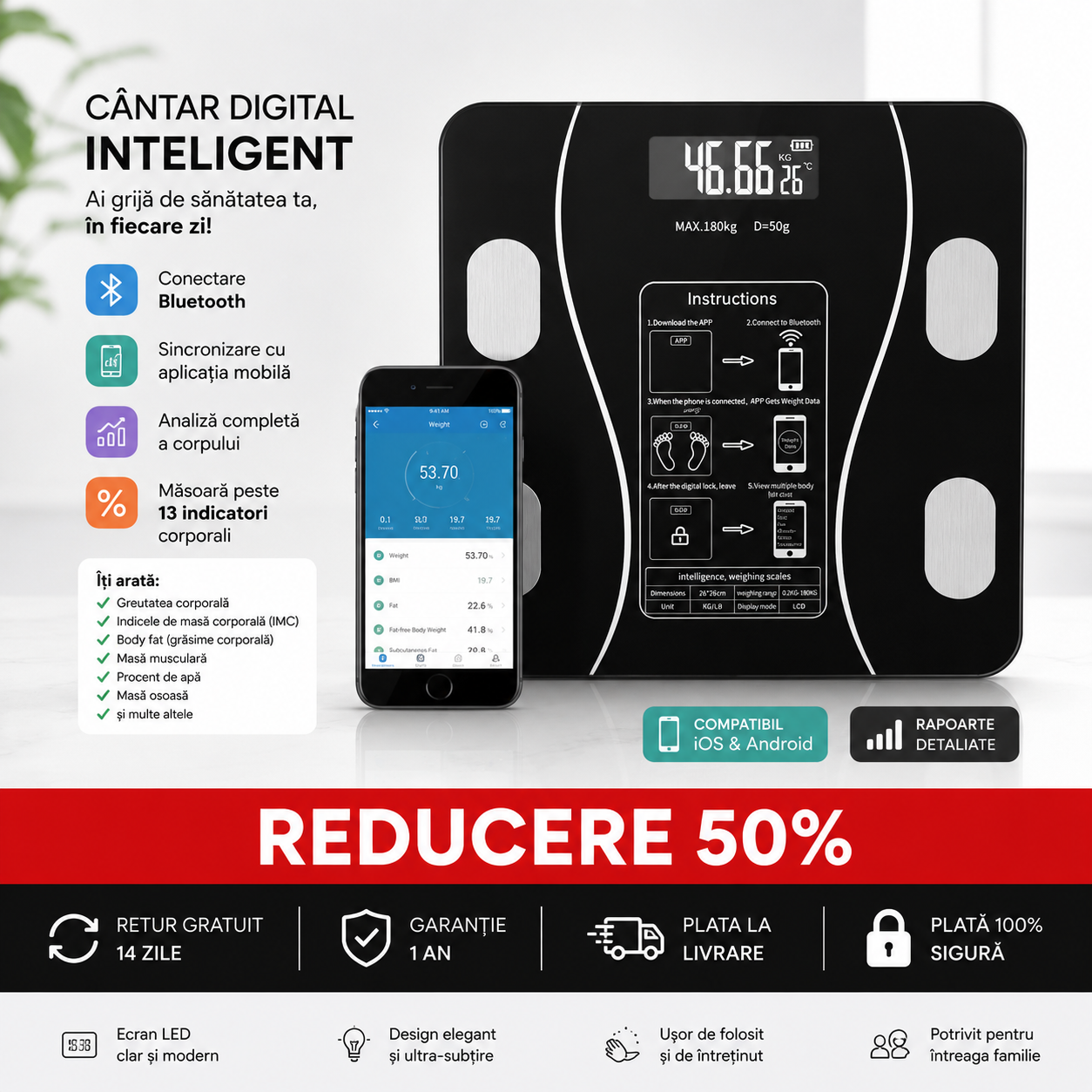 Cântar Digital Inteligent Bluetooth Cu Ecran LED